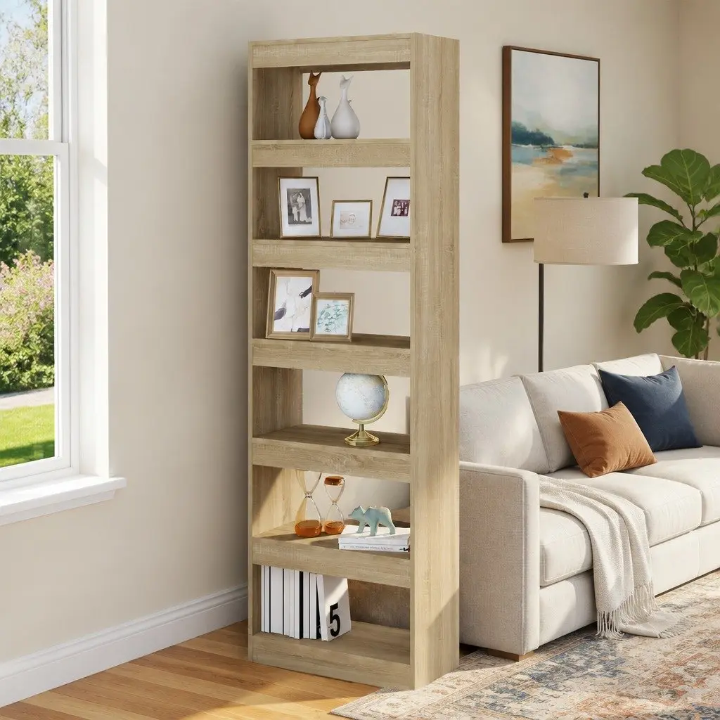 Book Cabinet Brown Tall Wooden Shelving Unit Room Divider
