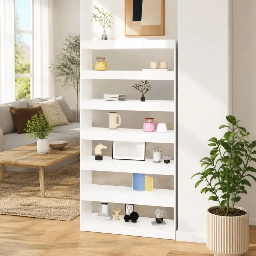 Book Cabinet Room Divider White High Gloss Tall Standing Shelving Unit