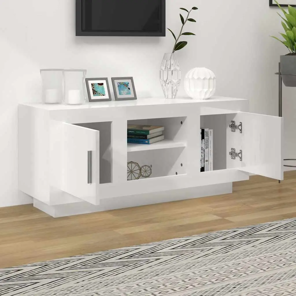 TV Cabinet White High Gloss Modern Storage Unit Media Stand with Multiple Compartments and Shelves