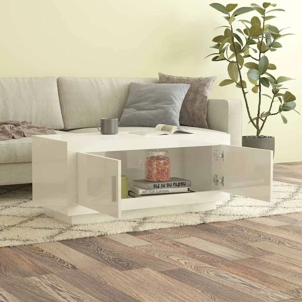 Coffee Table White 102x50x45cm High Gloss Storage 2 Door Accent Living Room Furniture
