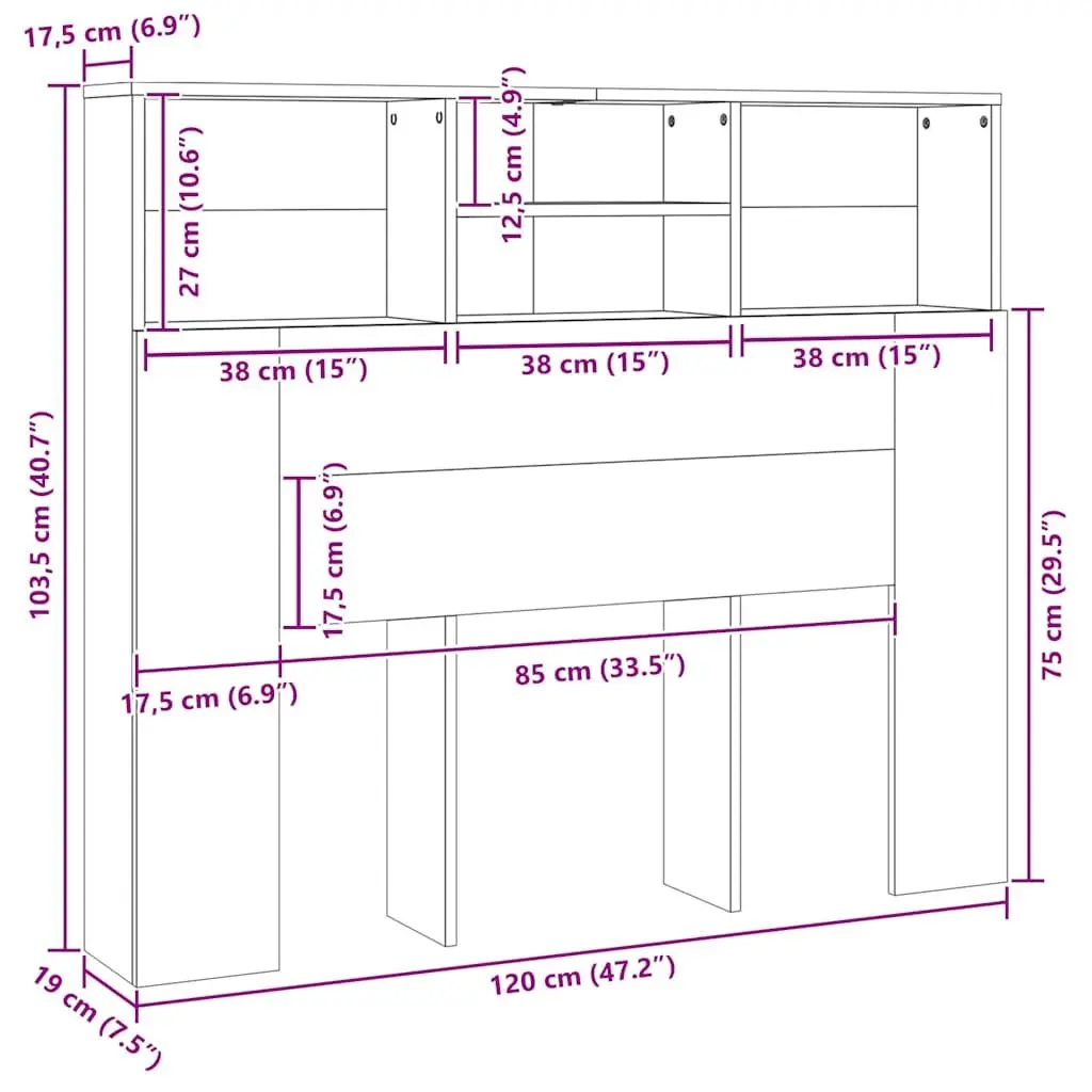 Headboard Cabinet 120cm Wall-Mounted Bedroom Storage Bookcase with Compartments