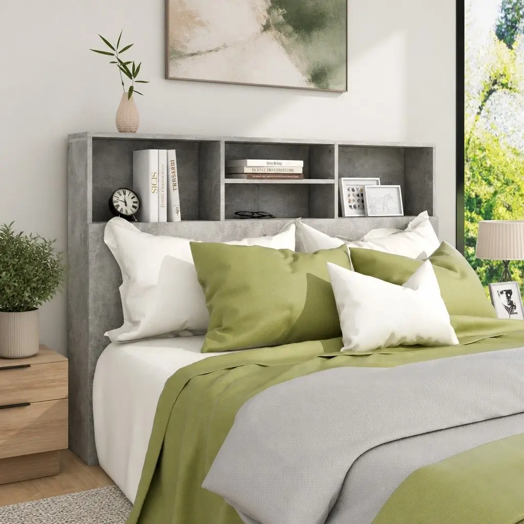 Grey 140cm Headboard Storage Cabinet Bookcase with Compartments for Bedroom Wall Organization