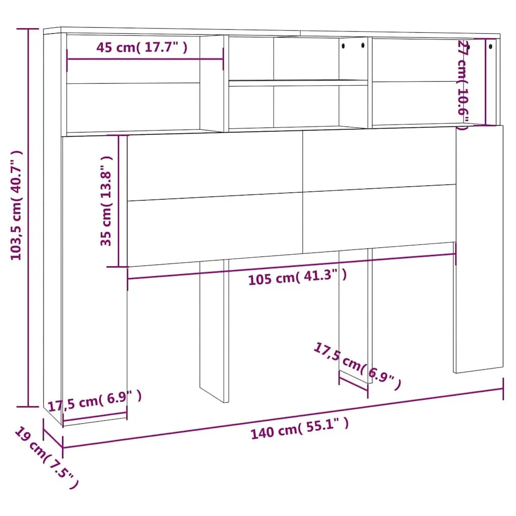 Grey 140cm Headboard Storage Cabinet Bookcase with Compartments for Bedroom Wall Organization