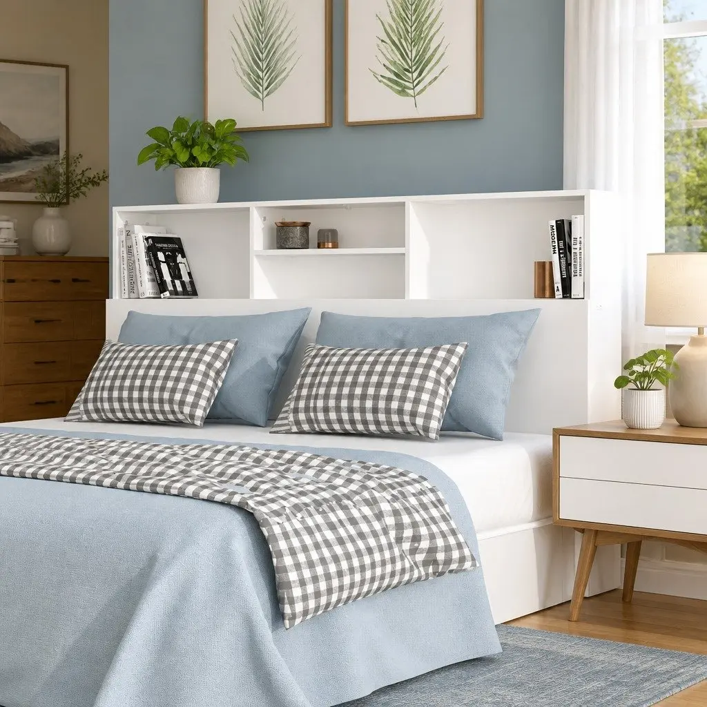 Headboard Cabinet White 160cm Wall-Mount Bedroom Storage Bookcase with