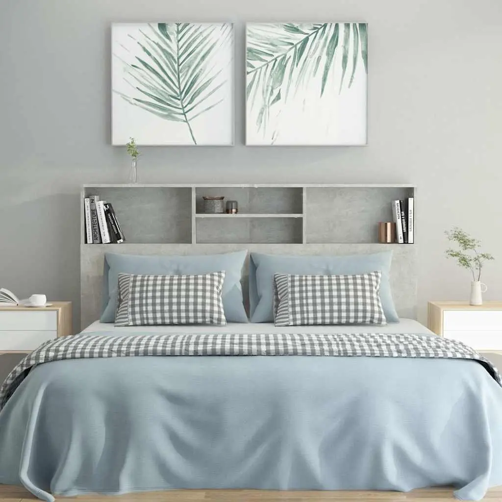 Grey Wall-Mounted Bookcase Headboard Cabinet for Bedroom Storage with Four Compartments Engineered Wood 160x19x1035cm