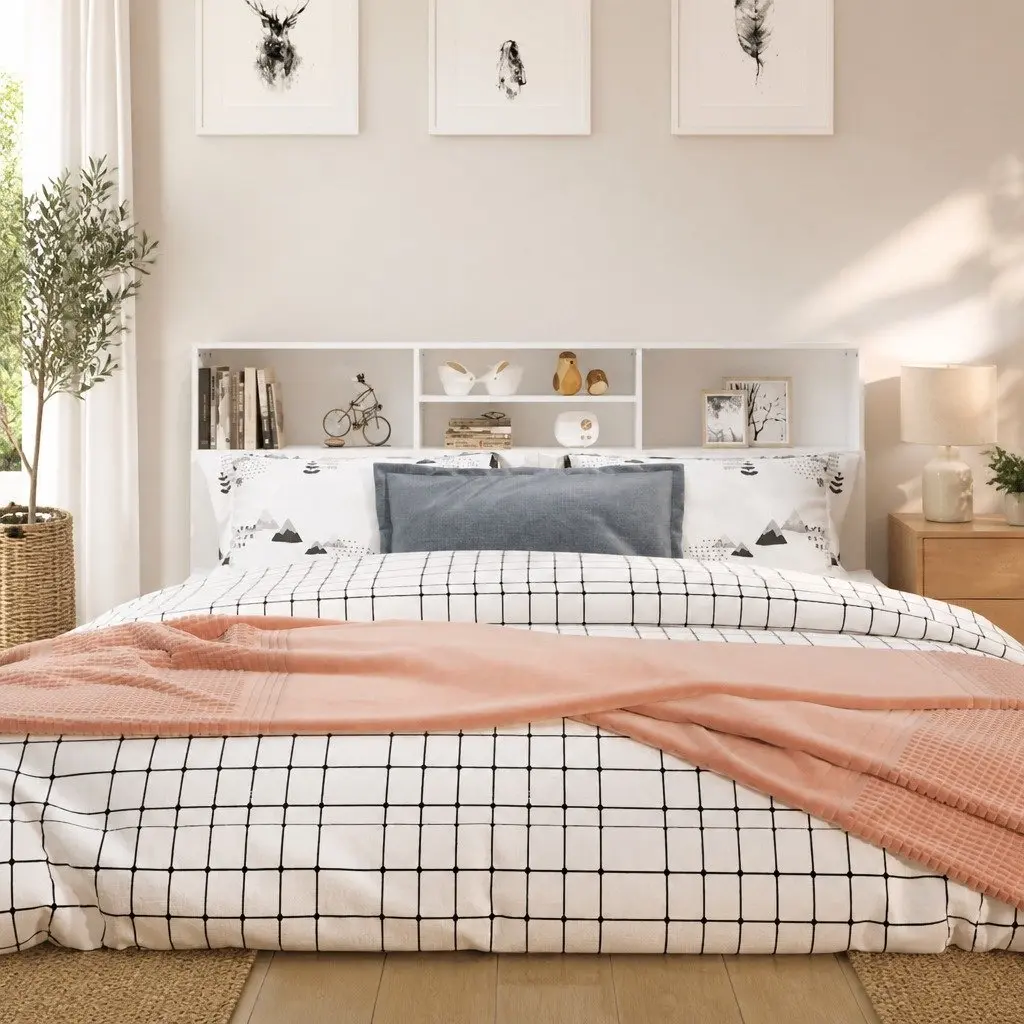 Headboard Cabinet White 180cm Bedroom Wall Storage Bookcase with Compartments
