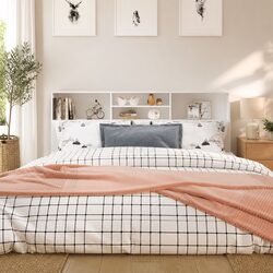 Headboard Cabinet White 180cm Bedroom Wall Storage Bookcase with Compartments