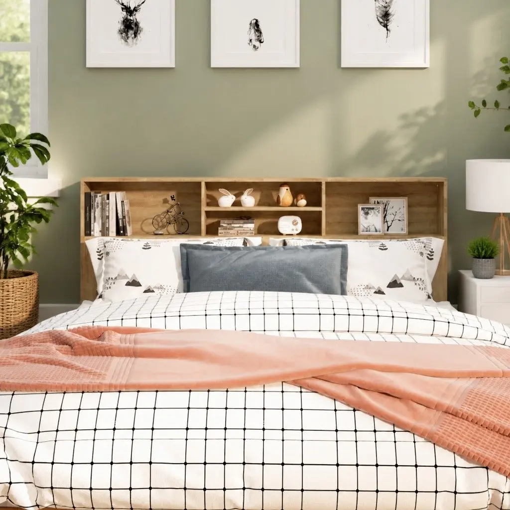 Brown Bedroom Storage Cabinet 180cm Headboard with Compartments Engineered Wood