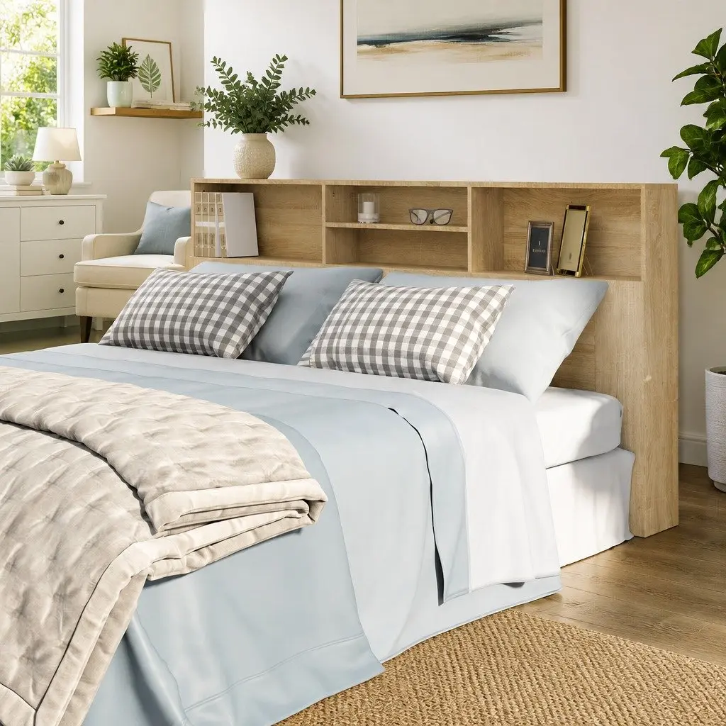 Headboard Cabinet Brown 200cm Engineered Wood Integrated Storage Compartment