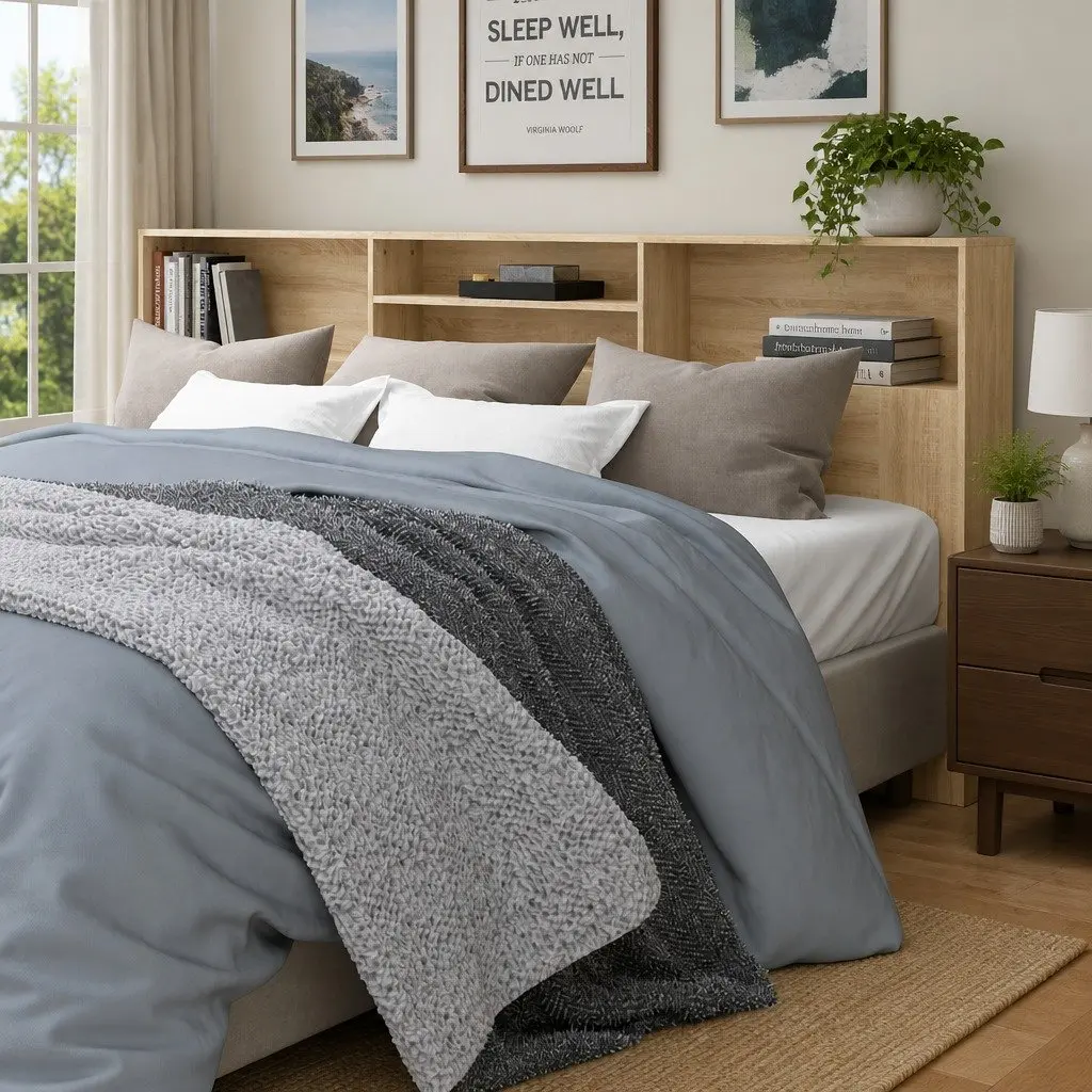 Headboard Cabinet Brown 220cm Wall-Mounted Storage with 4 Top Compartments