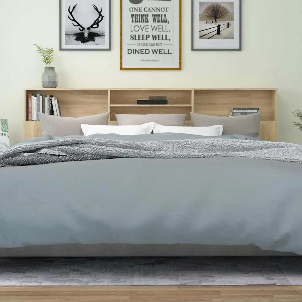 Headboard Cabinet Brown 220cm Wall-Mounted Storage with 4 Top Compartments