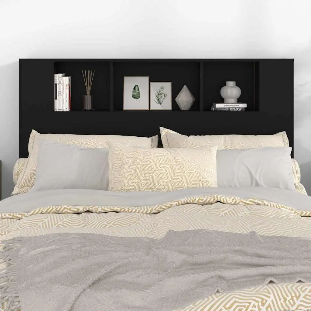 Black Wall-Mounted Bookcase 140cm Headboard Cabinet with 5 Compartments for Bedroom Storage