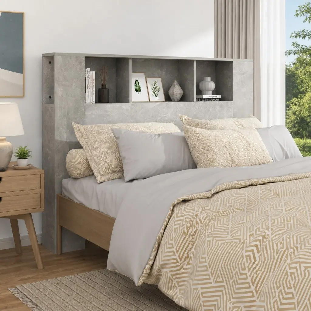 Headboard Cabinet Grey Wall Mount Storage Bed Bookcase Bedroom Furniture 140cm