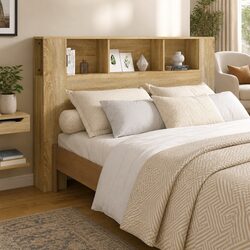 Compact Brown Headboard Cabinet with Storage Features