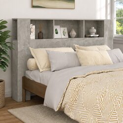 Headboard Cabinet Grey Wall-Mounted Bedroom Storage Organiser Compartments