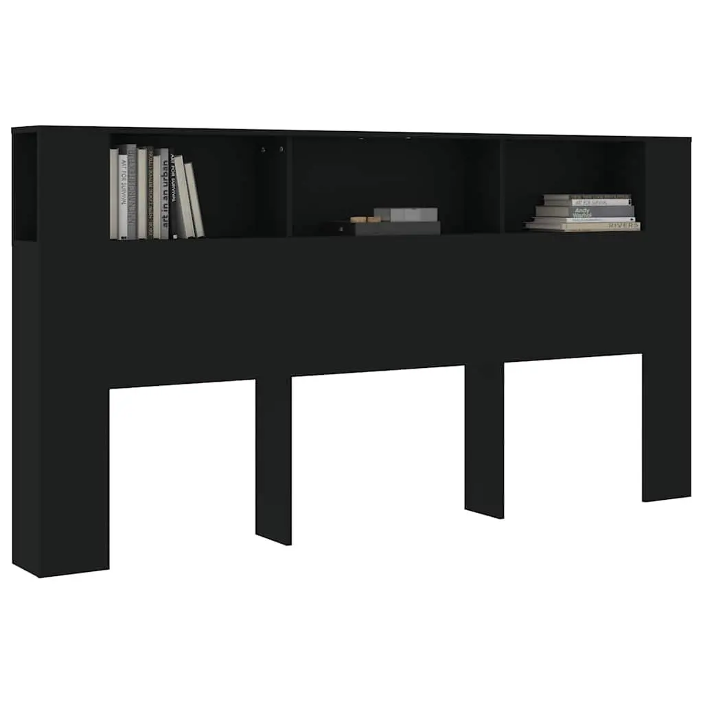 Headboard Cabinet Black 200cm Wall-Mount Storage Unit with 3 Compartments