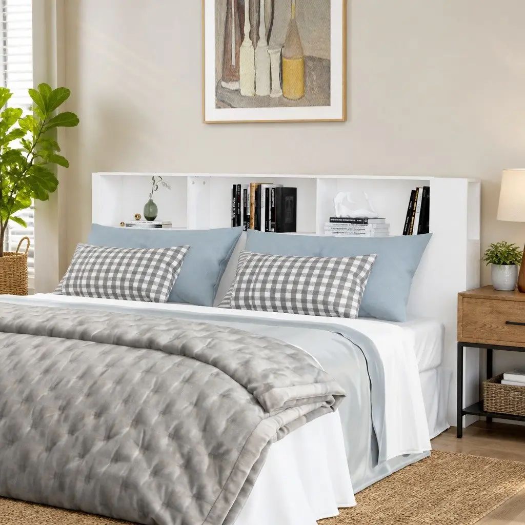 Headboard Cabinet White 220cm 3 Storage Compartments