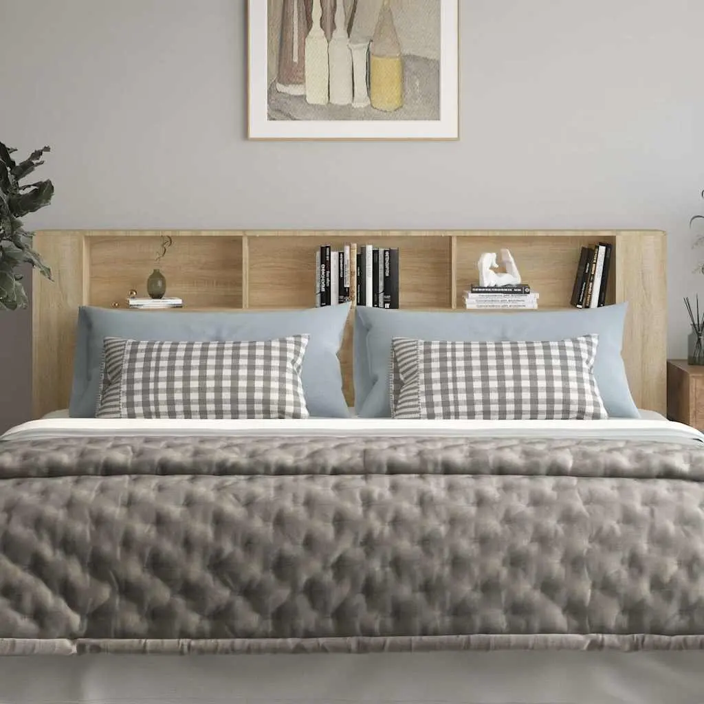 Headboard Cabinet Brown 220cm Engineered Wood Wall Mount with Three Storage Compartments
