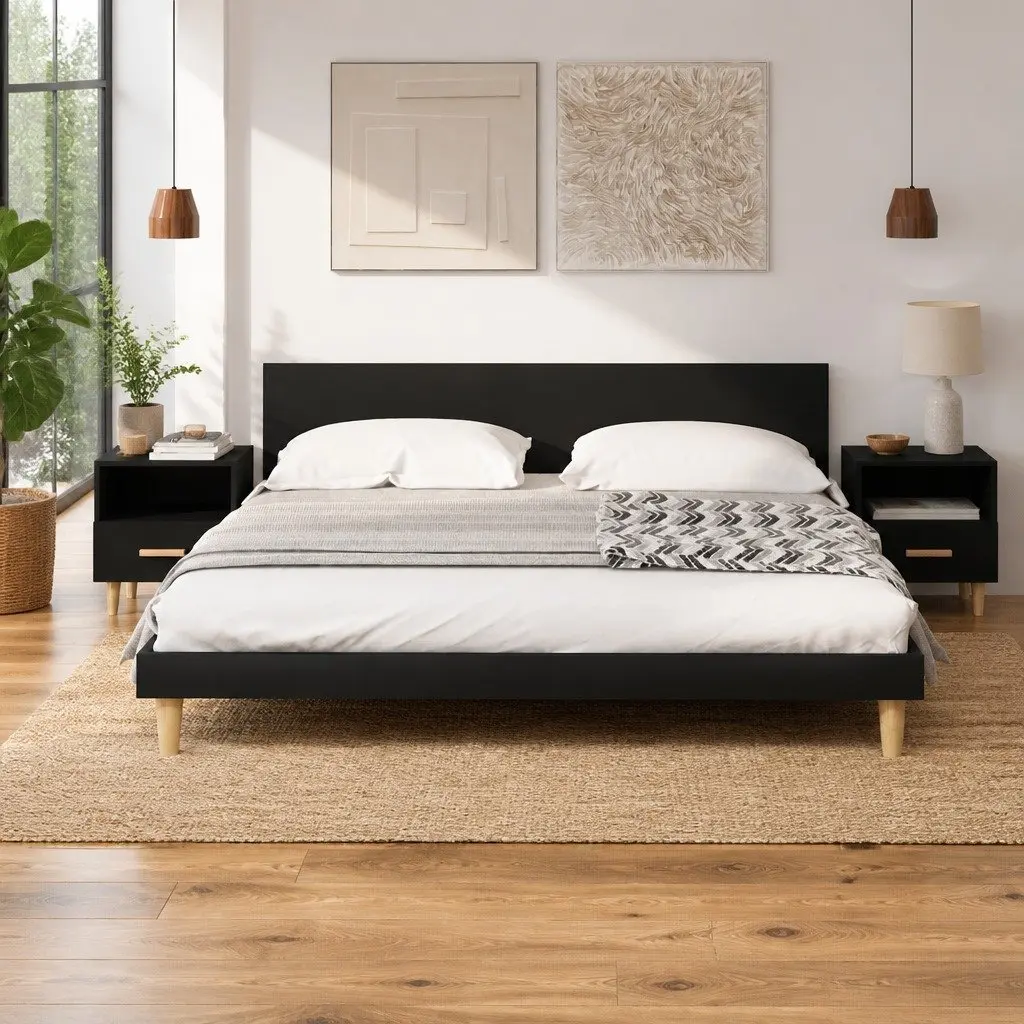 Bedside Cabinets Black 40 x 35 x 47 cm Engineered Wood with Eucalyptus Legs Storage Nightstand Tables