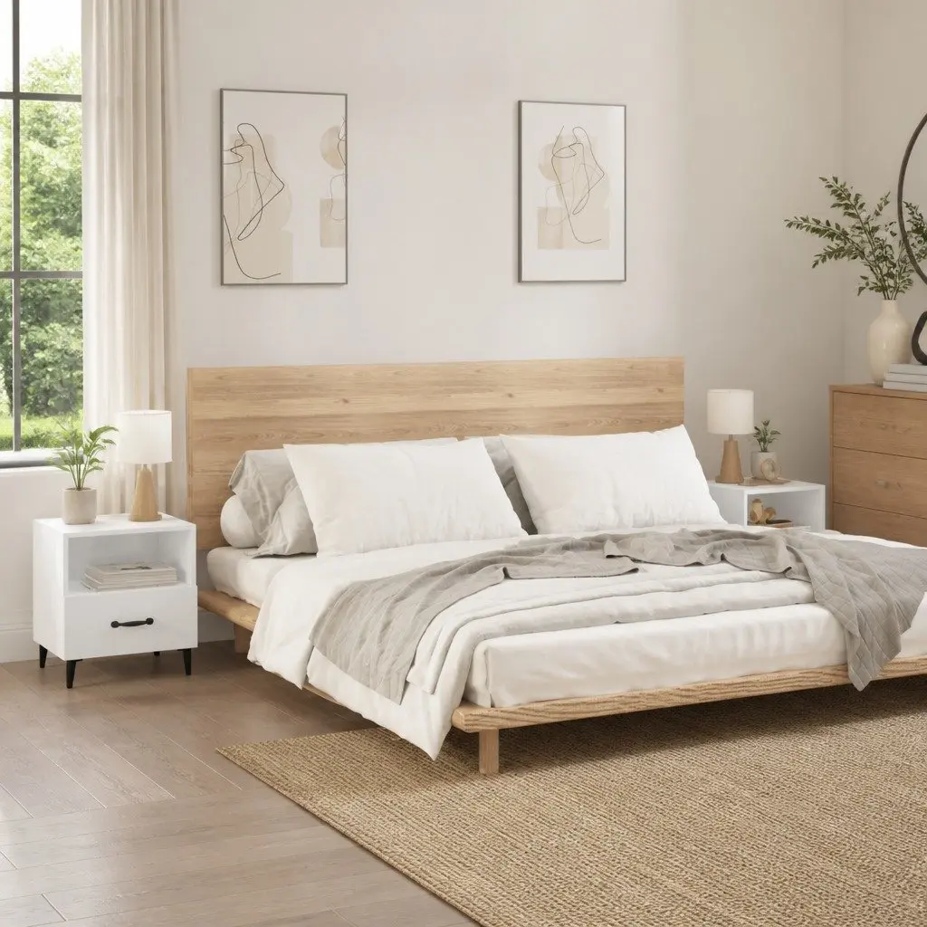 Bedside Cabinets High Gloss White Engineered Wood 2 Piece Nightstand with 1 Drawer and 1 Shelf