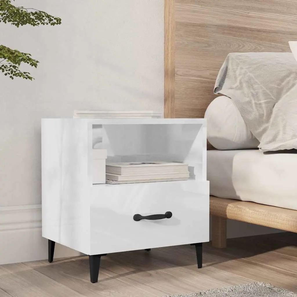 Bedside Cabinets High Gloss White Engineered Wood 2 Piece Nightstand with 1 Drawer and 1 Shelf