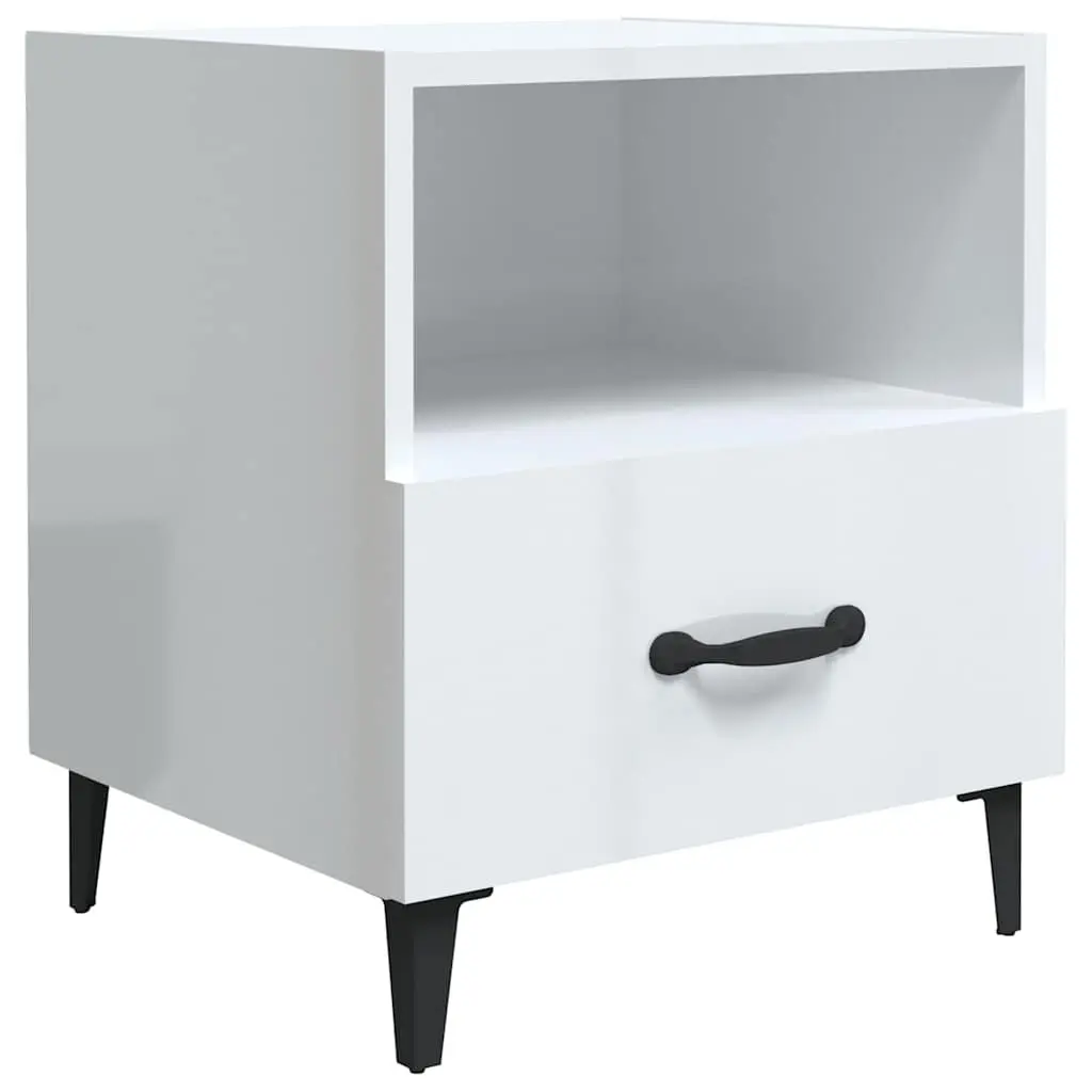 Bedside Cabinets High Gloss White Engineered Wood 2 Piece Nightstand with 1 Drawer and 1 Shelf
