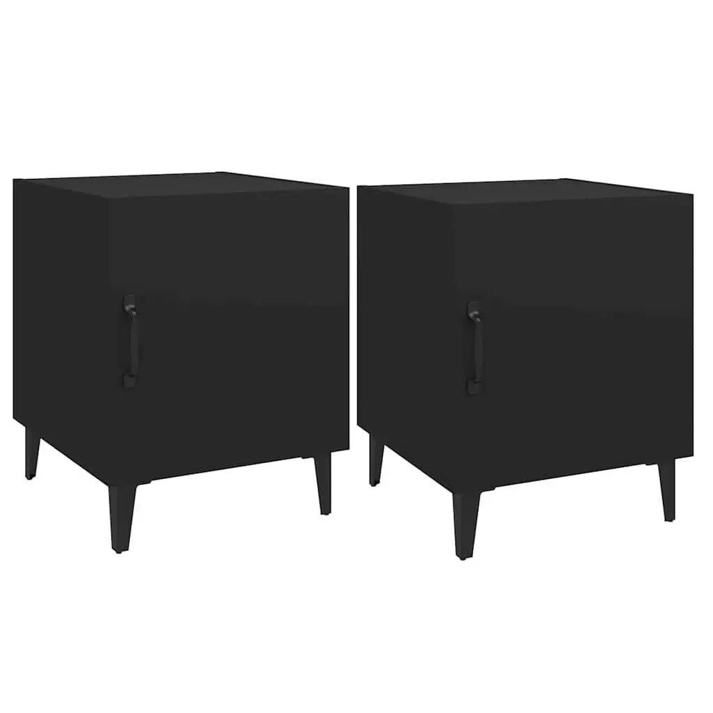 Bedside Cabinet Black 2 Piece Engineered Wood Nightstand Storage Organiser