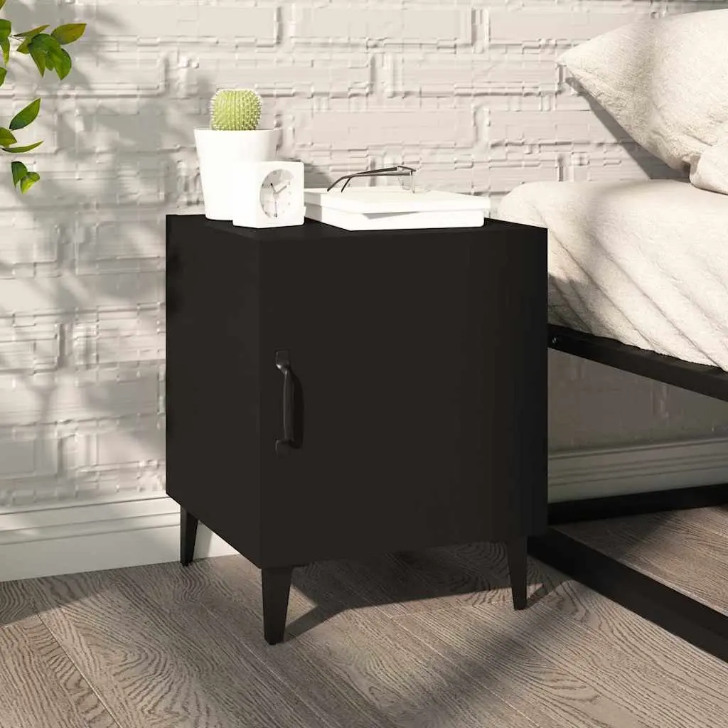 Bedside Cabinet Black 2 Piece Engineered Wood Nightstand Storage Organiser