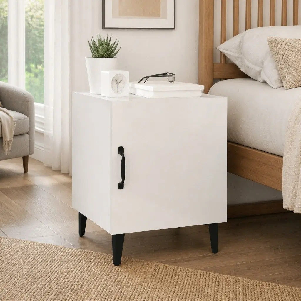Bedside Table White High Gloss Engineered Wood Single Door Cabinet Storage
