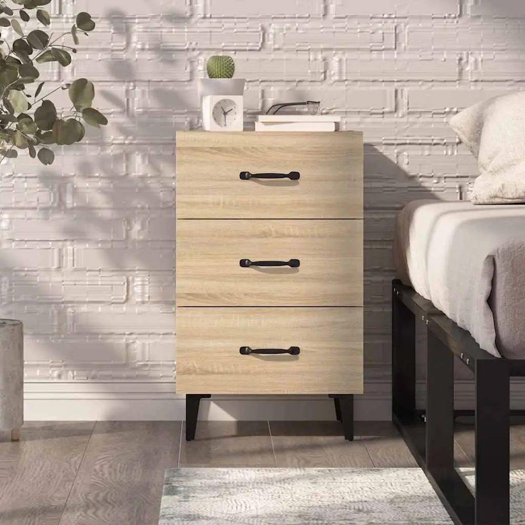 Bedside Table Brown Engineered Wood 3 Drawer Nightstand with Storage