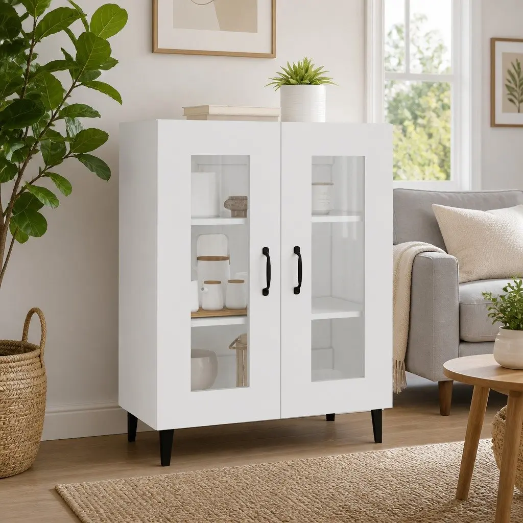 Sideboard White Engineered Wood 2 Glass Doors Storage Buffet