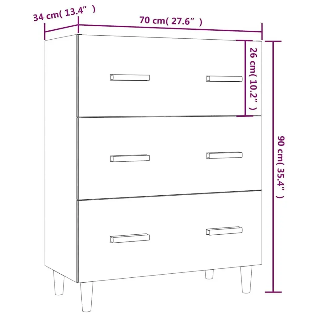 Sideboard White 70x34x90cm High Gloss Storage Buffet with 3 Drawers