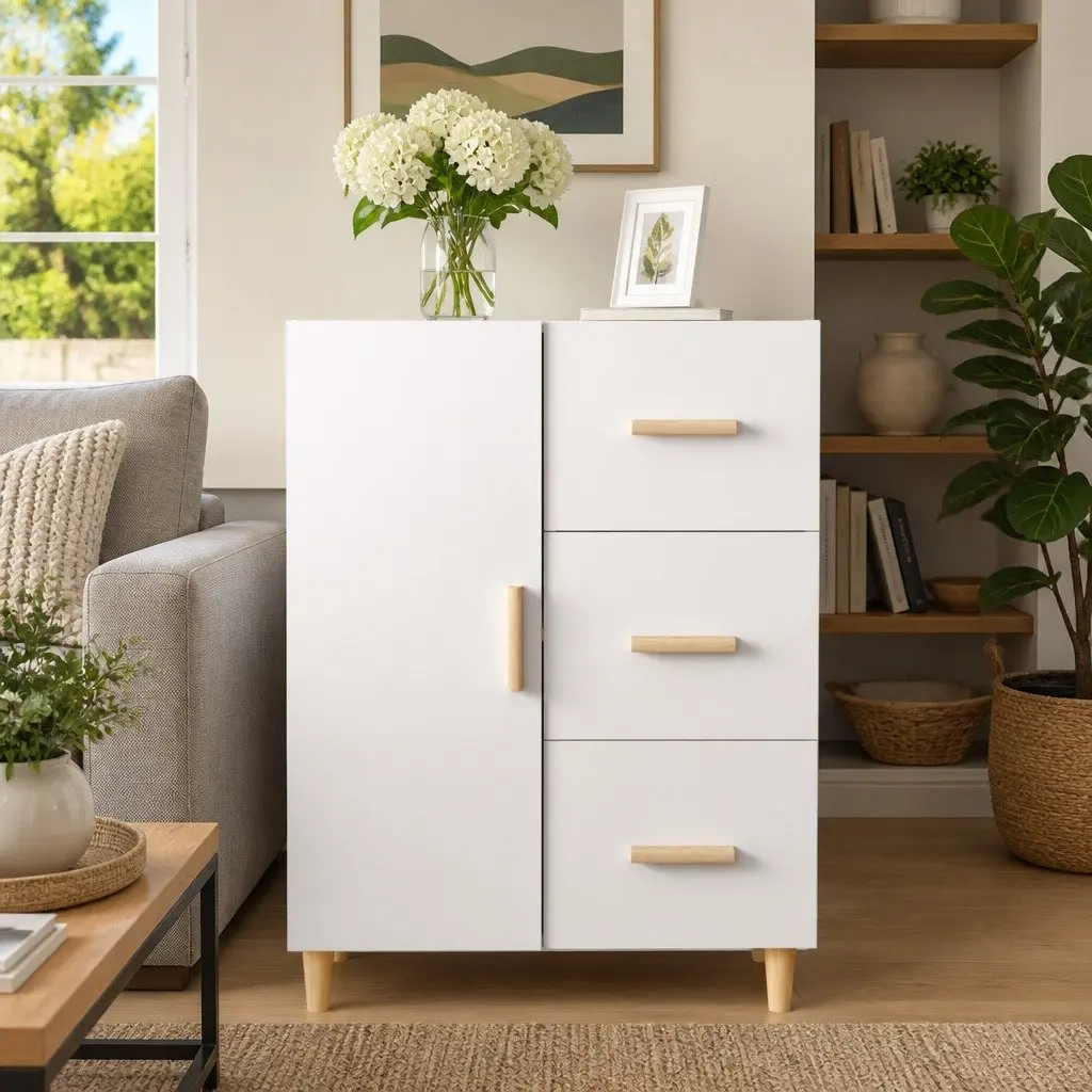 White High Gloss Sideboard Engineered Wood 3 Drawer Storage Cabinet