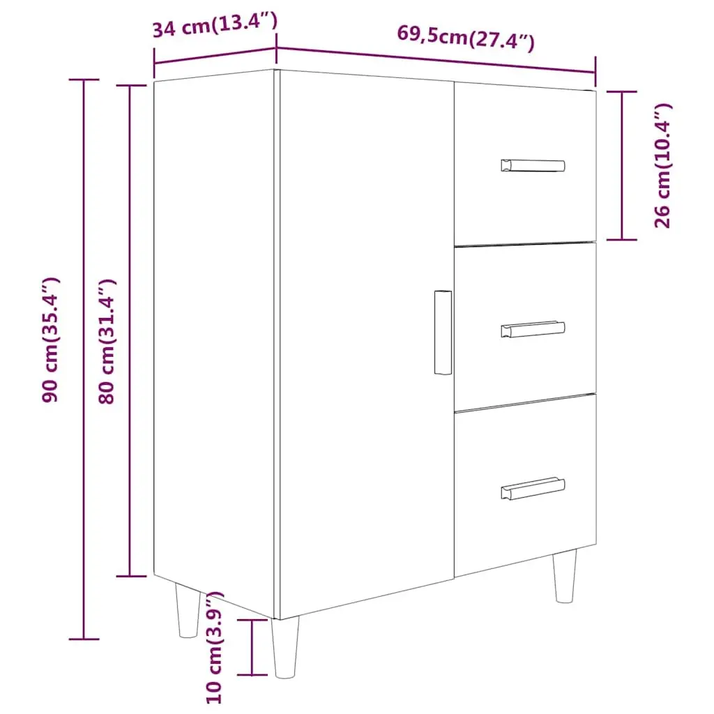 White High Gloss Sideboard Engineered Wood 3 Drawer Storage Cabinet