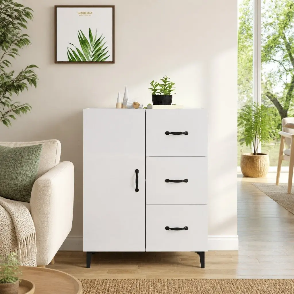 Sideboard High Gloss White Engineered Wood 1 Door 3 Drawers Storage Cabinet