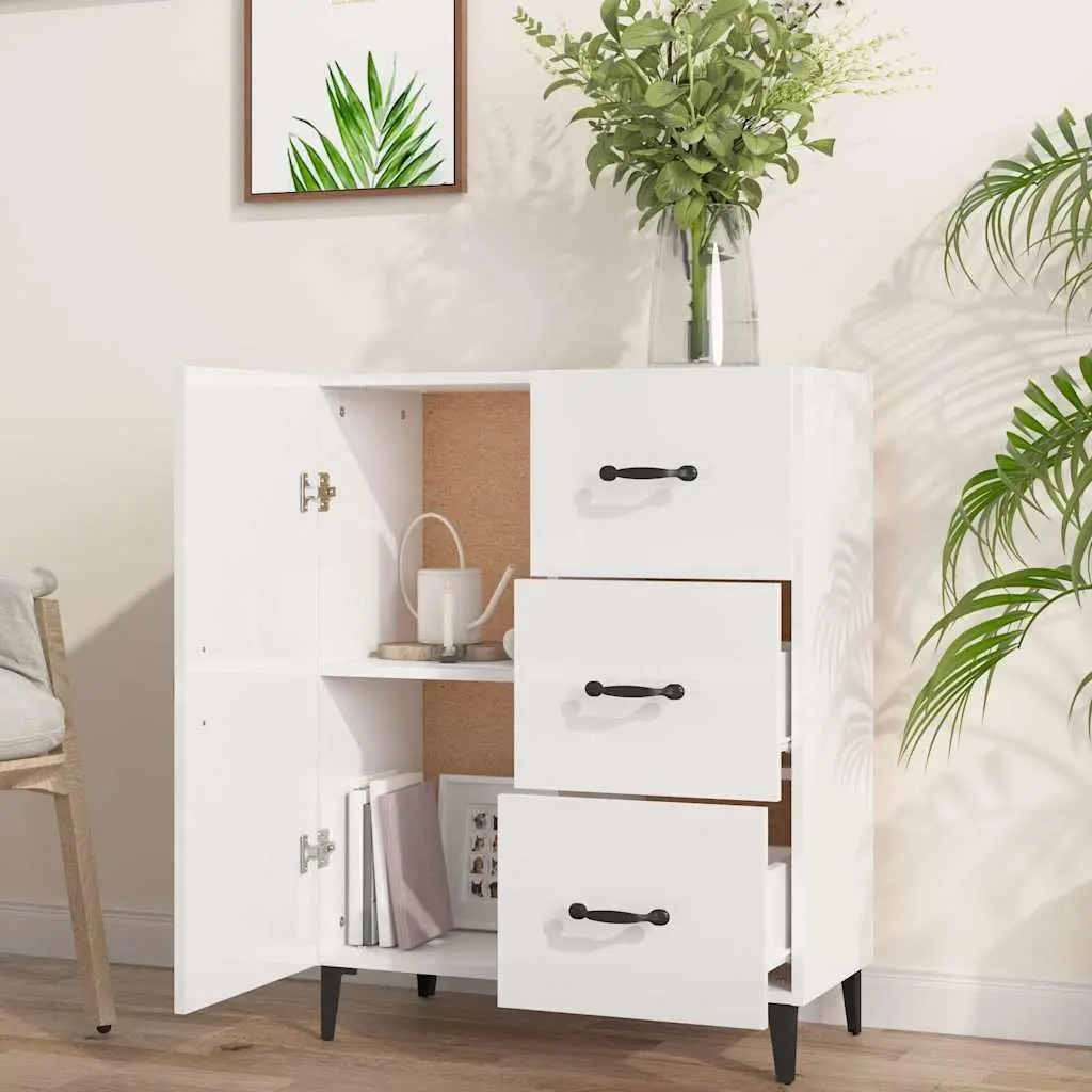 Sideboard High Gloss White Engineered Wood 1 Door 3 Drawers Storage Cabinet