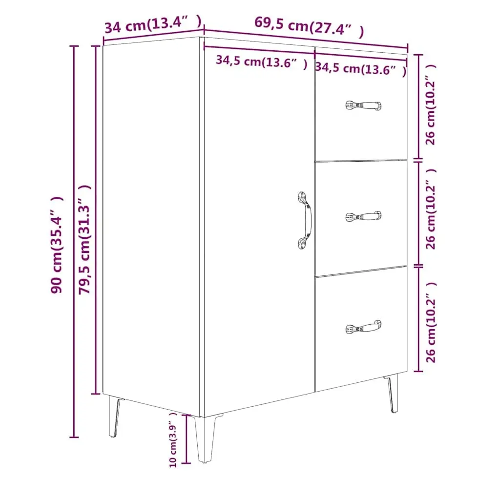 Sideboard High Gloss White Engineered Wood 1 Door 3 Drawers Storage Cabinet