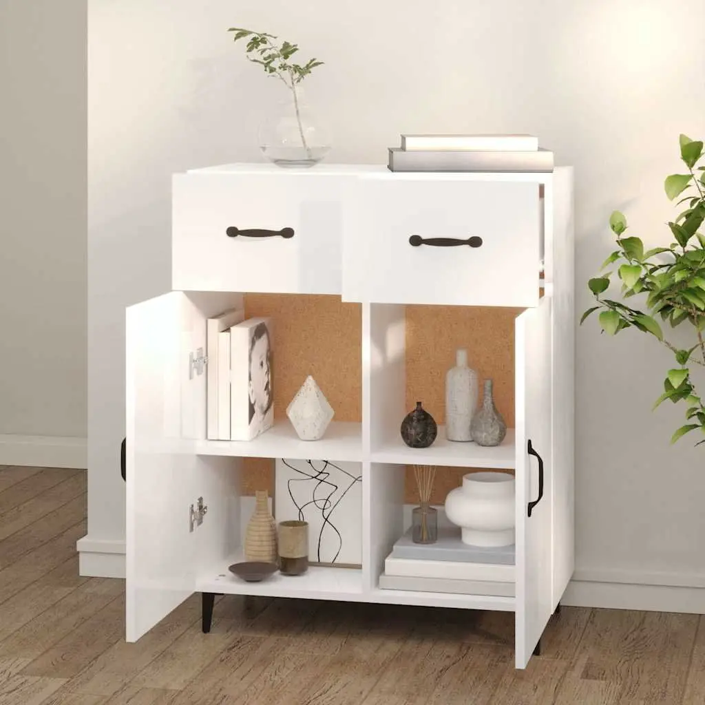 Sideboard White 69.5x34x90cm High Gloss Storage Cabinet 2 Doors 2 Drawers