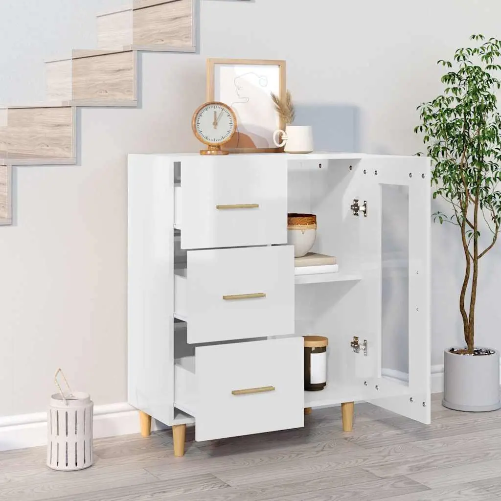 White High Gloss Sideboard Storage Cabinet Engineered Wood with Glass Door and Drawers