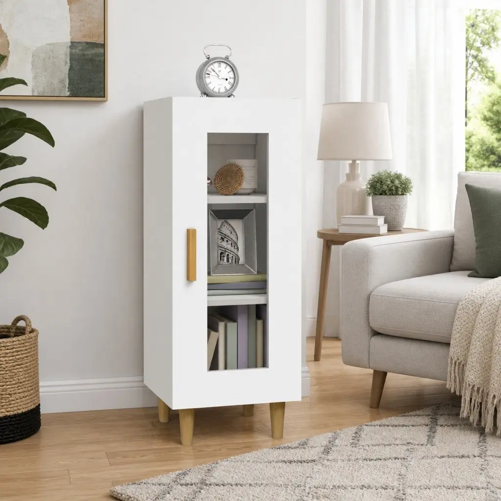 Sideboard High Gloss White Engineered Wood 3 Compartments Glass Door Storage Cabinet