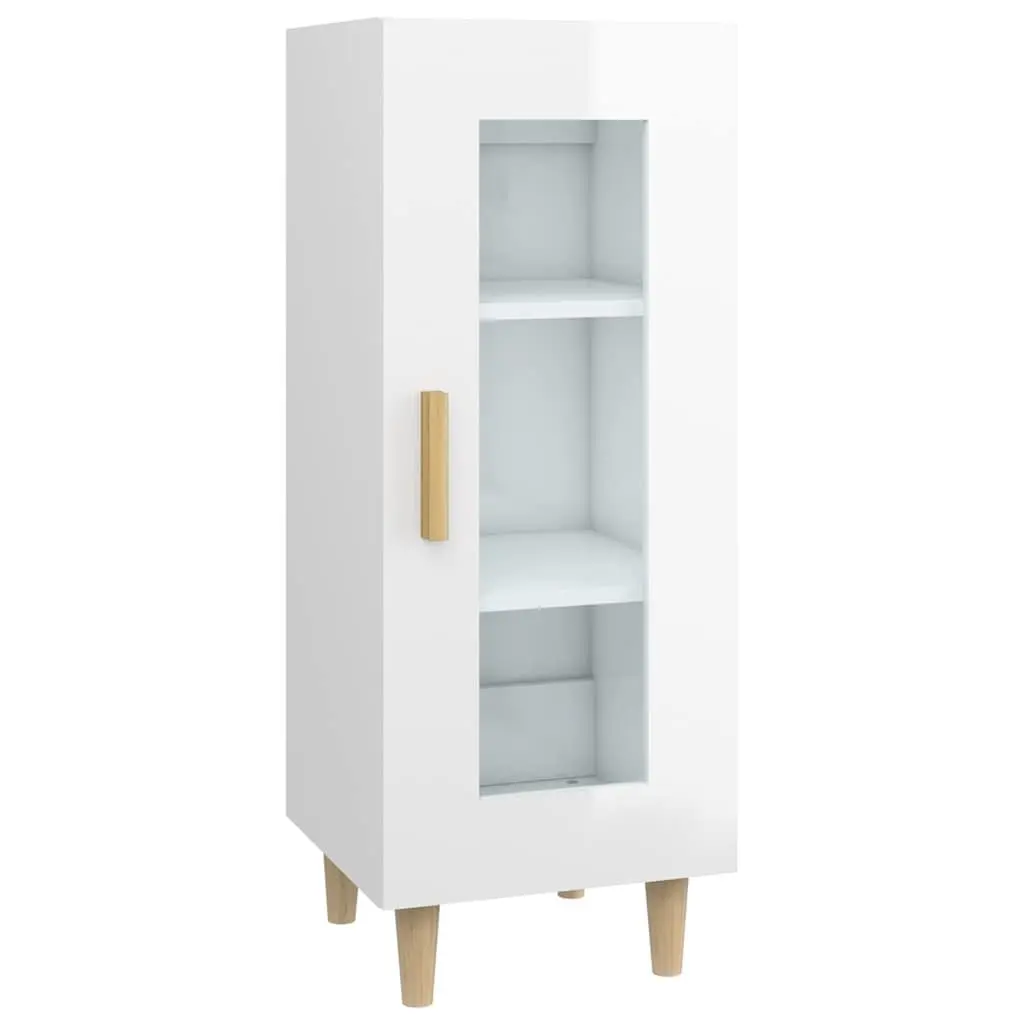 Sideboard High Gloss White Engineered Wood 3 Compartments Glass Door Storage Cabinet