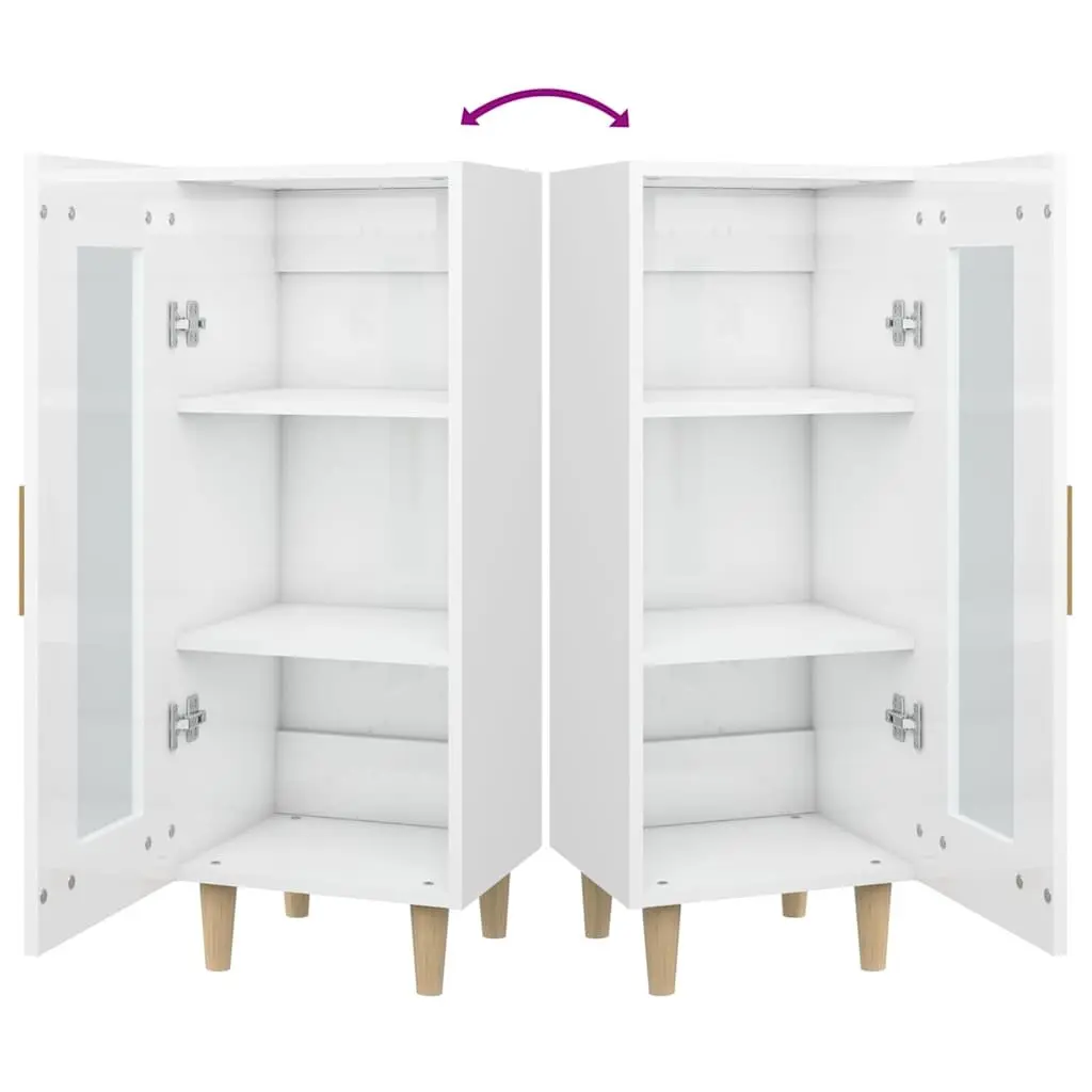 Sideboard High Gloss White Engineered Wood 3 Compartments Glass Door Storage Cabinet