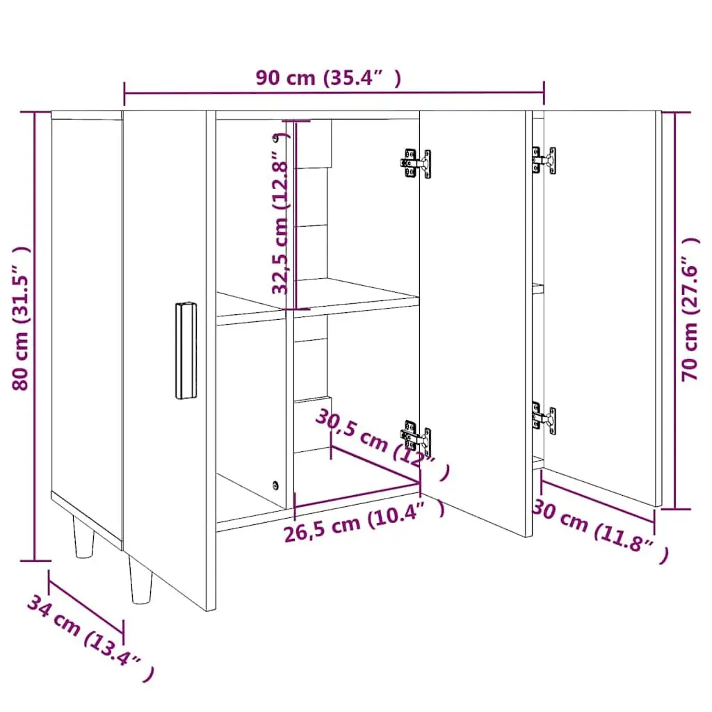 3 Door Storage Cabinet White 90x34x80 cm Sideboard Buffet Furniture with Top Surface for Display