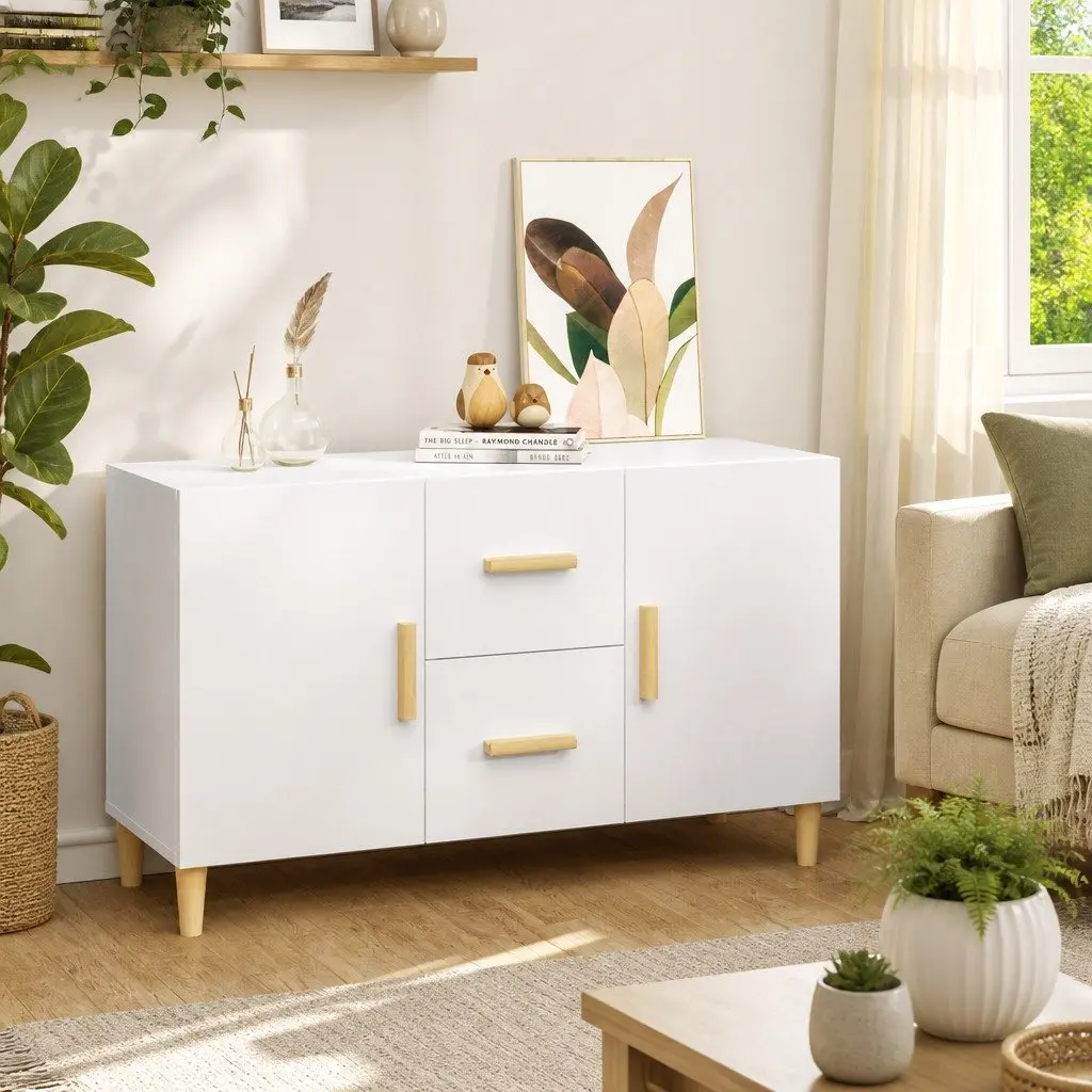 White Storage Cabinet Sideboard 100x36x60cm with 2 Doors and 2 Drawers Engineered Wood Furniture