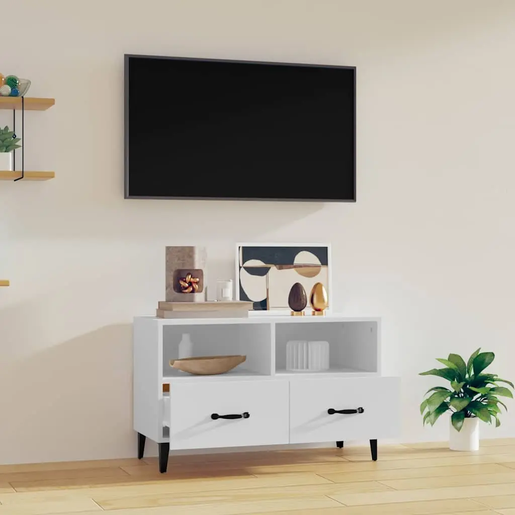 White Engineered Wood TV Cabinet with Storage Drawers and Compartments for Living Room 80x36x50cm