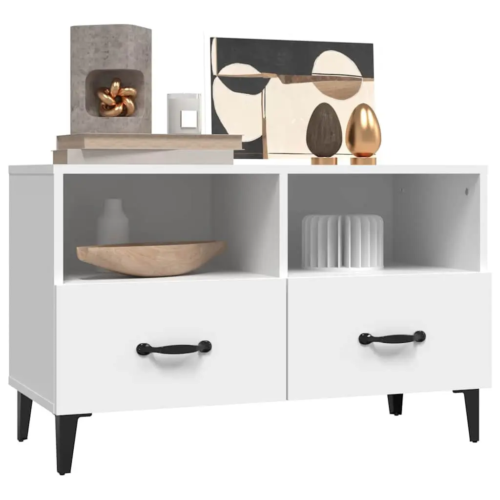 White Engineered Wood TV Cabinet with Storage Drawers and Compartments for Living Room 80x36x50cm