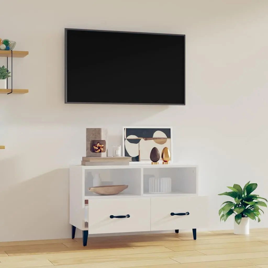 TV Cabinet High Gloss White Engineered Wood Media Unit with Drawers for Living Room Storage