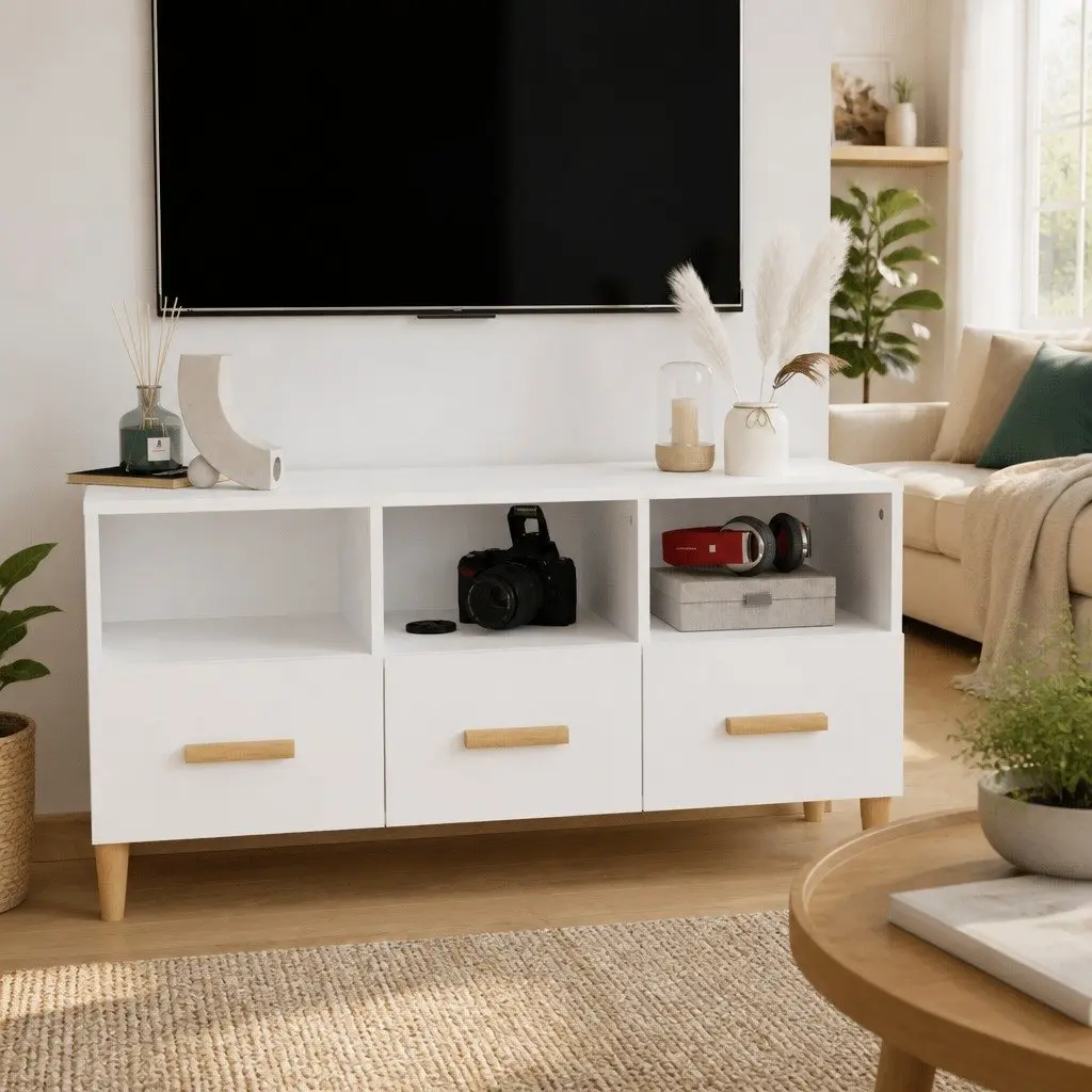 TV Cabinet White 102x36x50 cm Modern Media Unit Storage Drawers Compartments