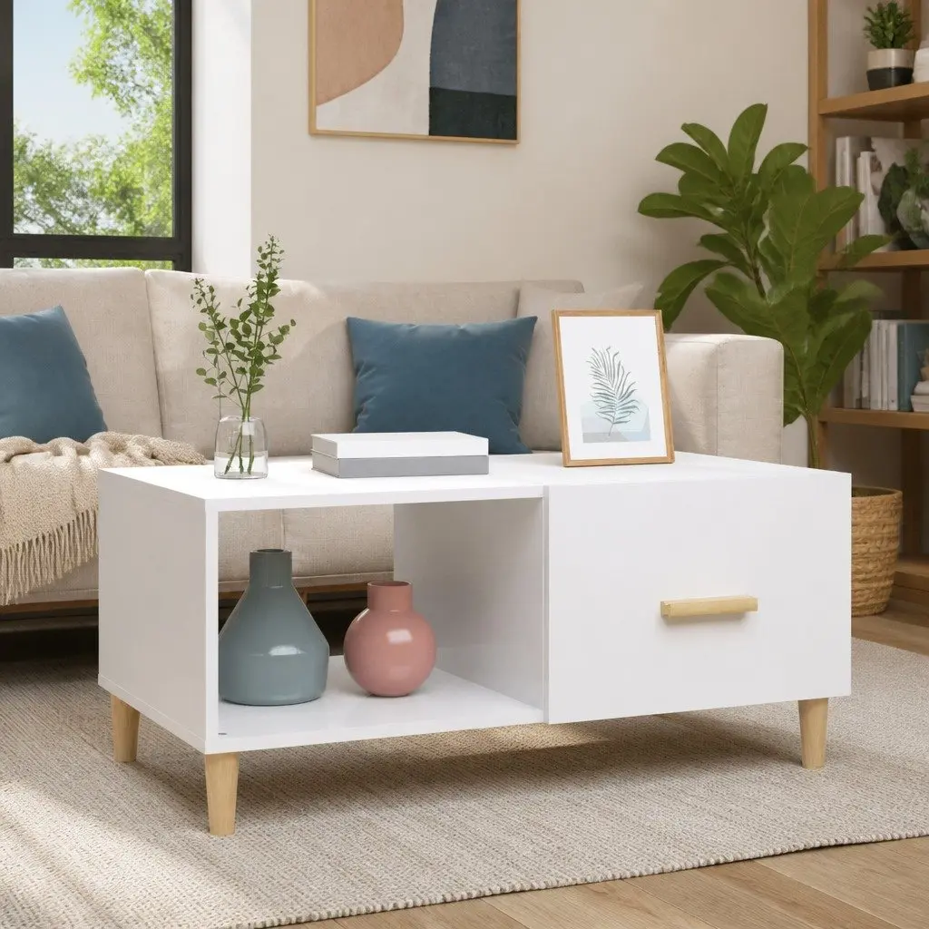 Coffee Table White High Gloss 89.5 x 50 x 40 cm Modern Storage Compartments