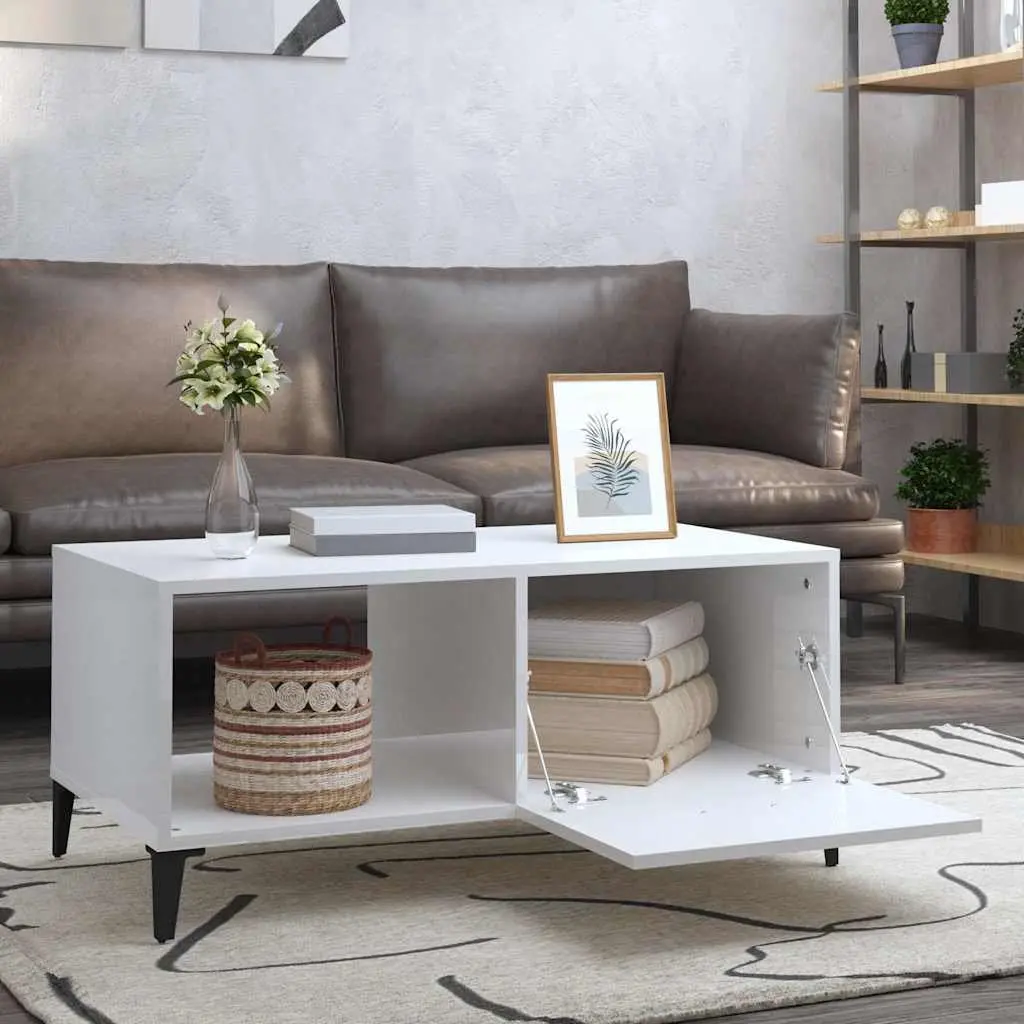 Coffee Table White High Gloss Modern Storage Engineered Wood 90Lx50Wx40H cm
